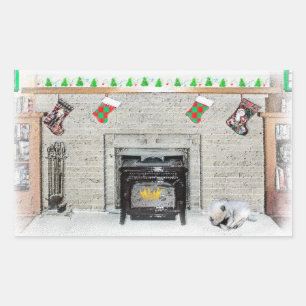 Keeshond Christmas Puppy Dog von Fireplace Paintin Rechteckiger Aufkleber