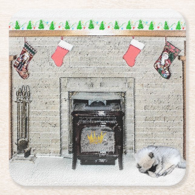 Keeshond Christmas Puppy Dog von Fireplace Paintin Rechteckiger Pappuntersetzer (Vorderseite)