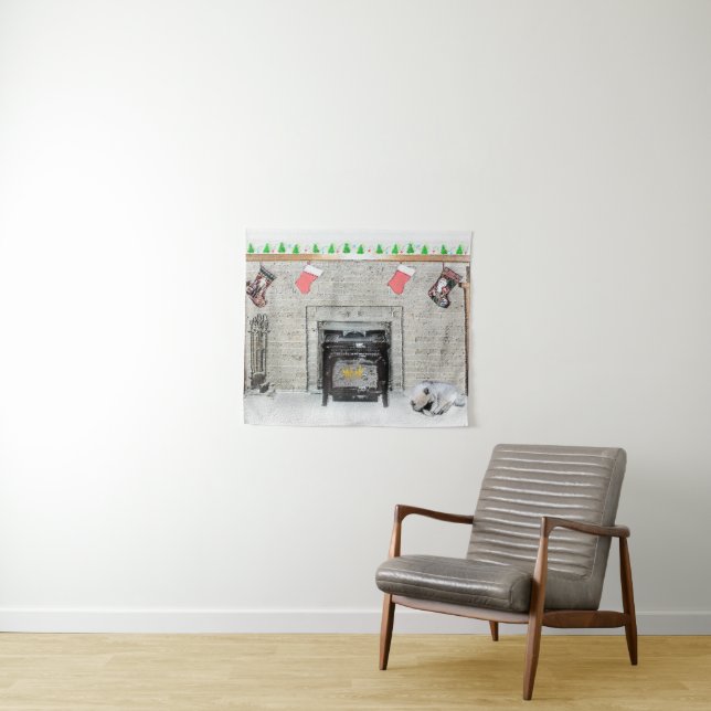 Keeshond Christmas Puppy Dog von Fireplace Paintin Wandteppich (Beispiel (Horizontal))