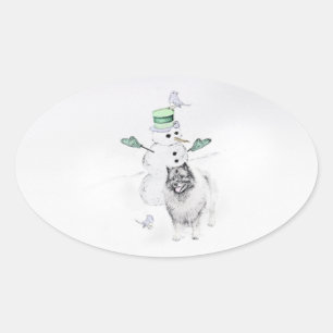 Keeshond Christmas Snowman Painting Dog Art Ovaler Aufkleber