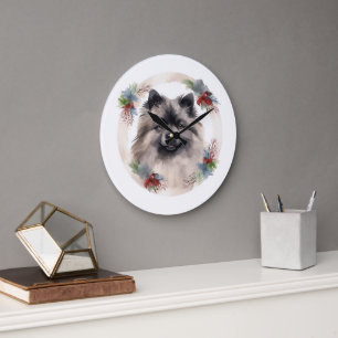 Keeshond Christmas Wreath Festivals Große Wanduhr