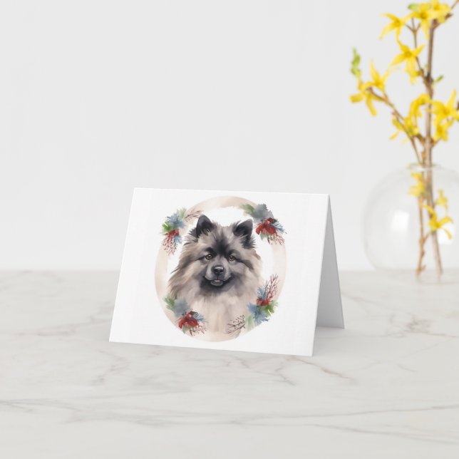 Keeshond Christmas Wreath Festivals Karte (Gelbe Blume)