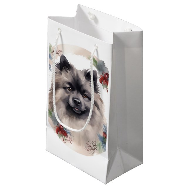 Keeshond Christmas Wreath Festivals Kleine Geschenktüte (Vorderseite Schrägansicht)
