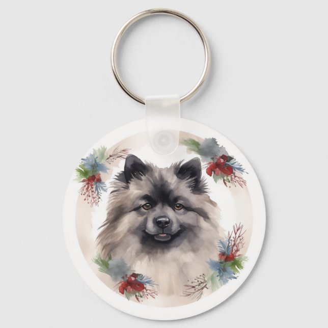Keeshond Christmas Wreath Festivals Schlüsselanhänger (Vorderseite)