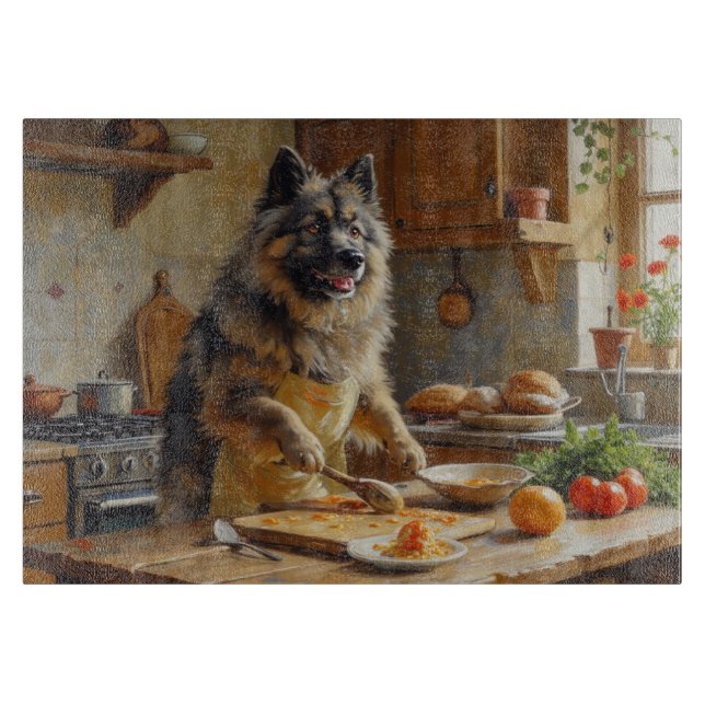 Keeshond Cooking in Kitchen Schneidebrett (Vorderseite)