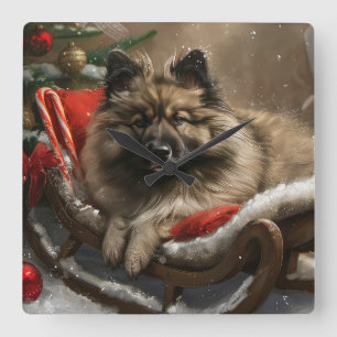 keeshond Dog Christmas Festive Quadratische Wanduhr