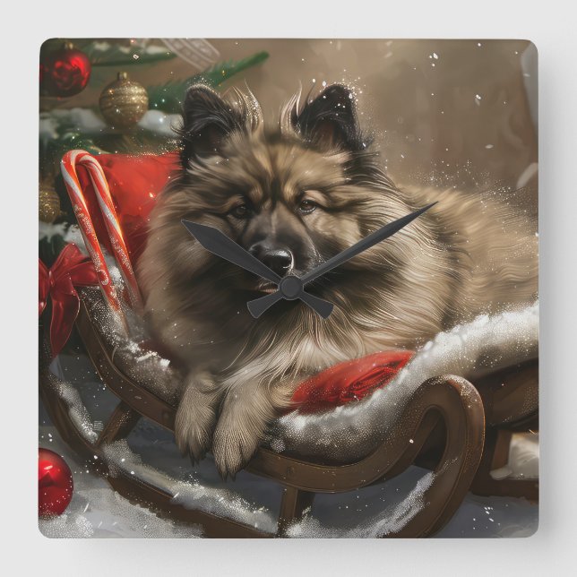 keeshond Dog Christmas Festive Quadratische Wanduhr (Vorderseite)