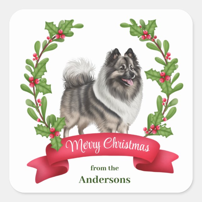 Keeshond Dog Holly Banner Weihnachten Quadratischer Aufkleber (Vorderseite)