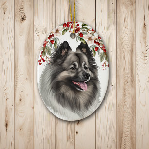 Keeshond Dog Holly Berry Christmas Keramik Ornament
