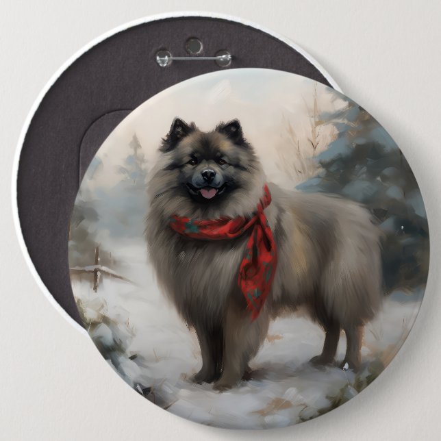 Keeshond Dog in Schneehocht Button (Vorne & Hinten)