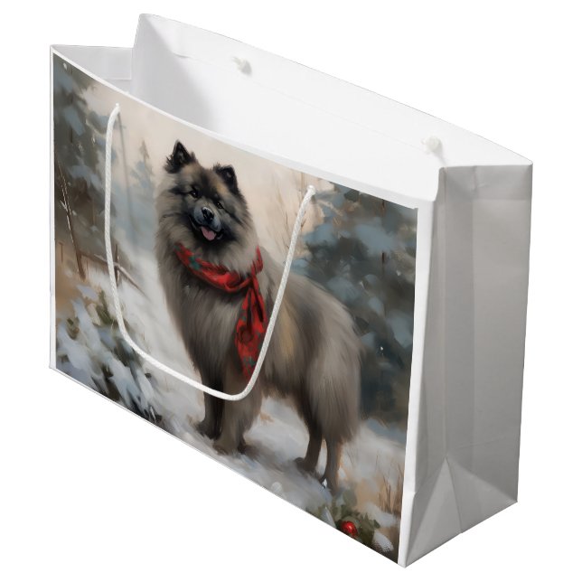 Keeshond Dog in Schneehocht Große Geschenktüte (Vorderseite Schrägansicht)