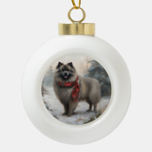 Keeshond Dog in Schneehocht Keramik Kugel-Ornament