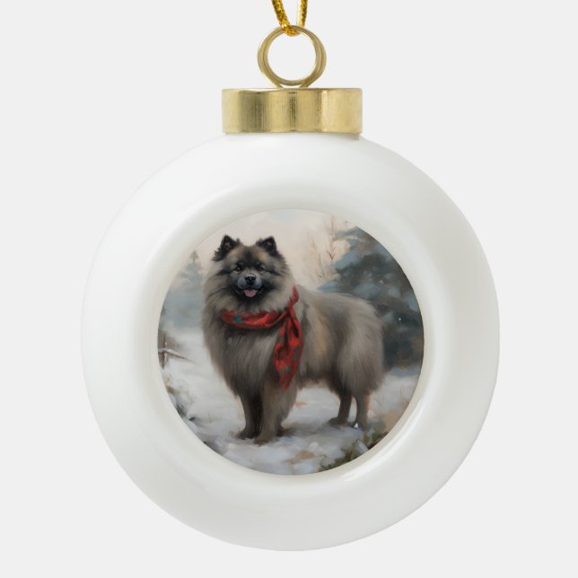 Keeshond Dog in Schneehocht Keramik Kugel-Ornament (Vorderseite)
