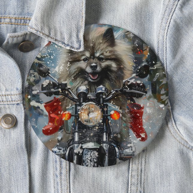 Keeshond Dog Riding Motorrad Weihnachten Button (Beispiel)
