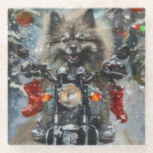 Keeshond Dog Riding Motorrad Weihnachten Glasuntersetzer