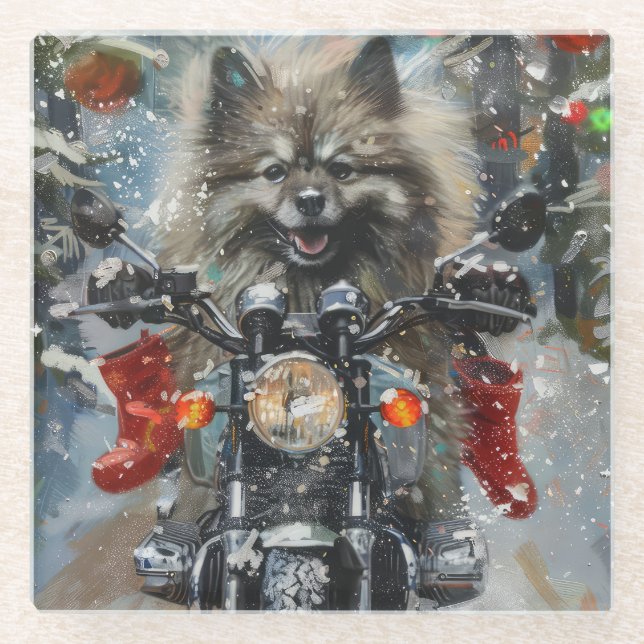 Keeshond Dog Riding Motorrad Weihnachten Glasuntersetzer (Vorderseite)
