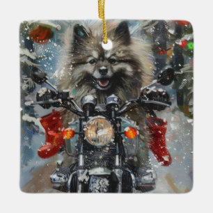 Keeshond Dog Riding Motorrad Weihnachten Keramikornament