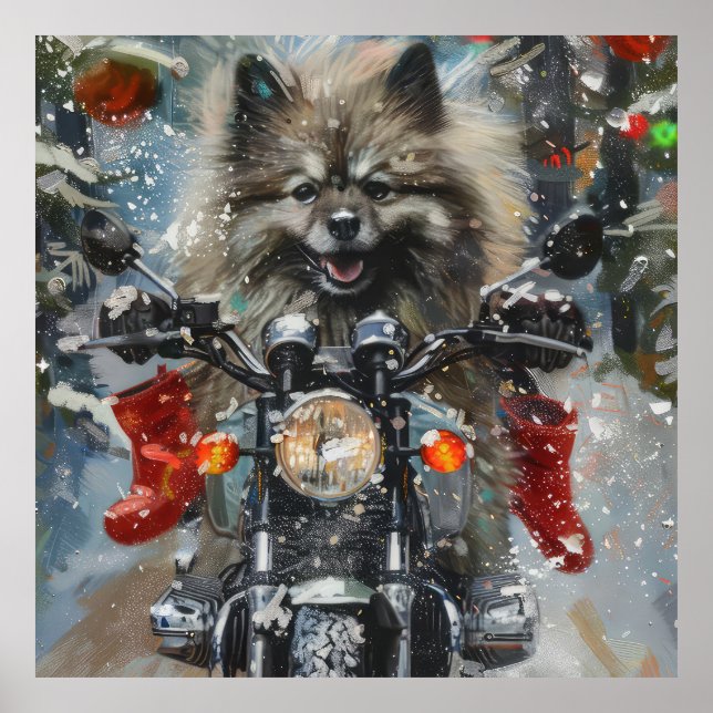 Keeshond Dog Riding Motorrad Weihnachten Poster (Vorne)