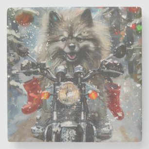 Keeshond Dog Riding Motorrad Weihnachten Steinuntersetzer