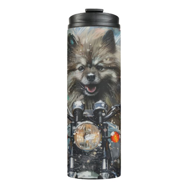 Keeshond Dog Riding Motorrad Weihnachten Thermosbecher (Vorderseite)