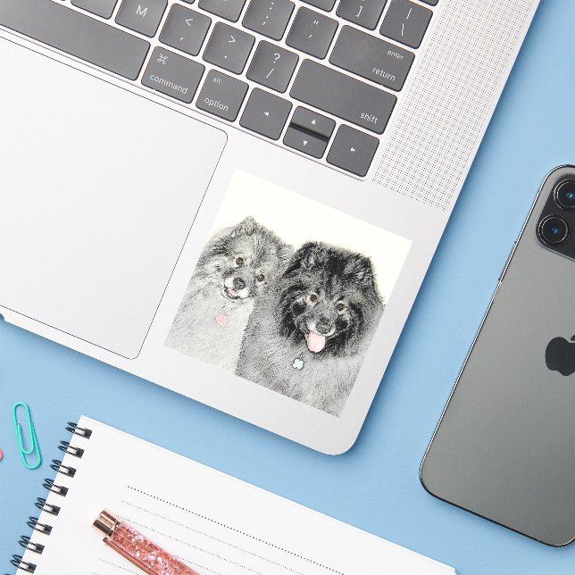 Keeshond Graphics Keeshond Mama and Son Aufkleber (Laptop mit iPhone)