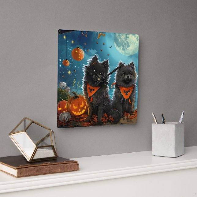 Keeshond Halloween Spooky Quadratische Wanduhr (Büro)