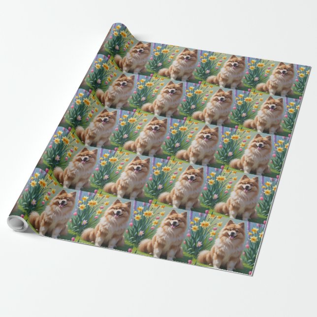 Keeshond Hund Frühlingsblumen Malerei Geschenkpapier (Ungerollt)