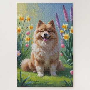 Keeshond Hund Frühlingsblumen Malerei Puzzle