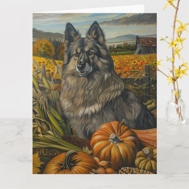 Keeshond Hund Herbsternte Erntedank Karte (Gelbe Blume)
