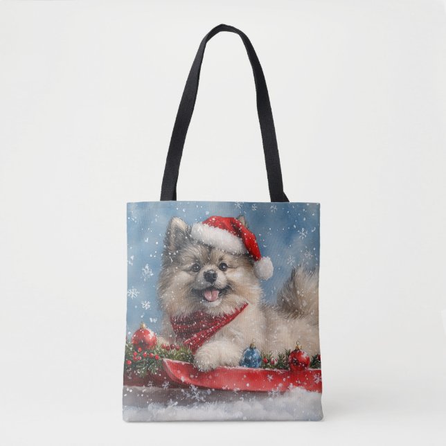 Keeshond Hund in Sledge Lass es Schnee Weihnachten (Vorderseite)