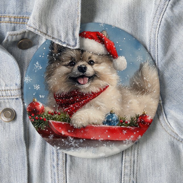 Keeshond Hund in Sledge Lass es Schnee Weihnachten Button (Beispiel)