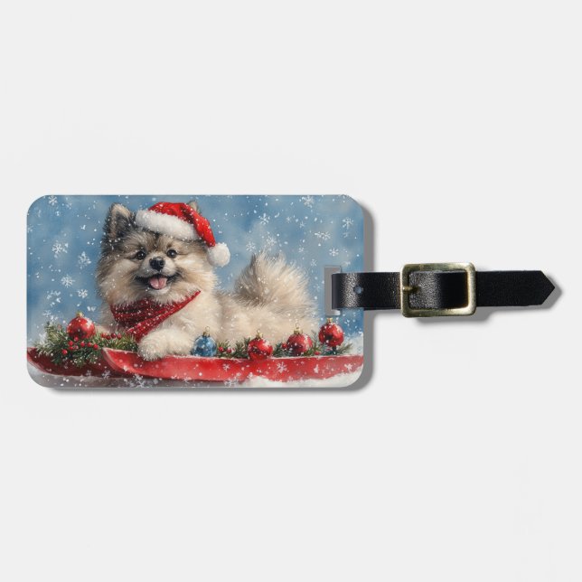 Keeshond Hund in Sledge Lass es Schnee Weihnachten Gepäckanhänger (Vorderseite horizontal)