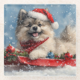 Keeshond Hund in Sledge Lass es Schnee Weihnachten Glasuntersetzer