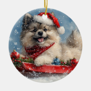 Keeshond Hund in Sledge Lass es Schnee Weihnachten Keramik Ornament