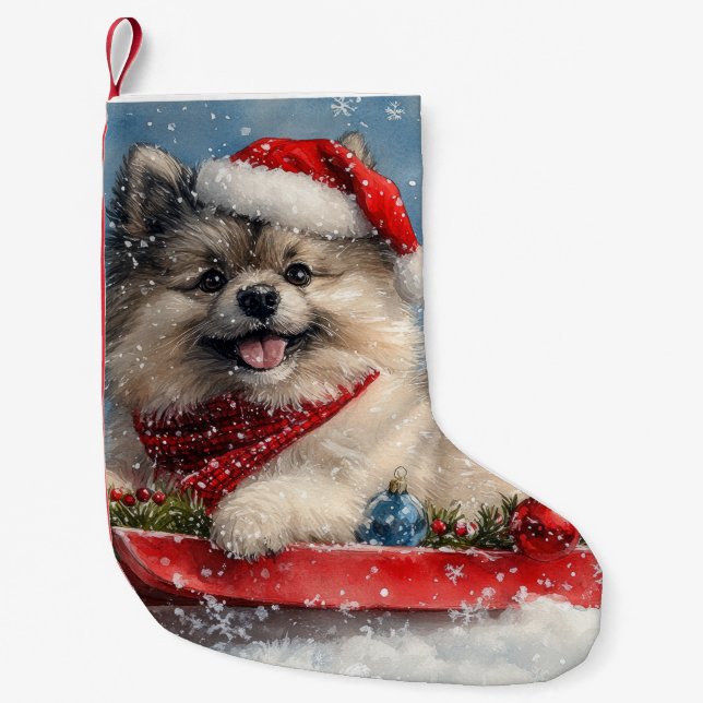 Keeshond Hund in Sledge Lass es Schnee Weihnachten Kleiner Weihnachtsstrumpf (Vorderseite)