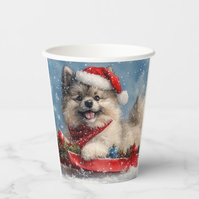 Keeshond Hund in Sledge Lass es Schnee Weihnachten Pappbecher (Vorderseite)