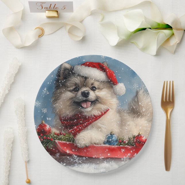 Keeshond Hund in Sledge Lass es Schnee Weihnachten Pappteller (Hochzeit)