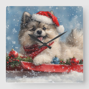 Keeshond Hund in Sledge Lass es Schnee Weihnachten Quadratische Wanduhr