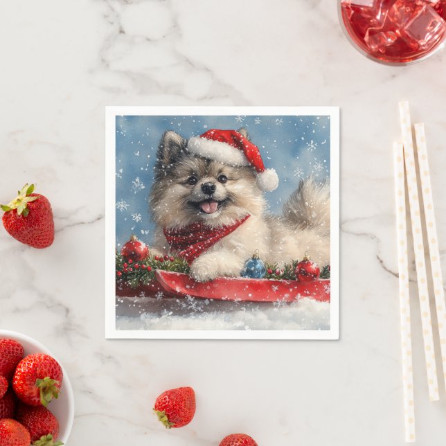 Keeshond Hund in Sledge Lass es Schnee Weihnachten Serviette (Beispiel)