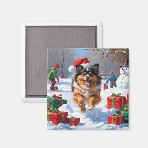 Keeshond-Hund läuft im Schnee mit Weihnachtsmütze Magnet