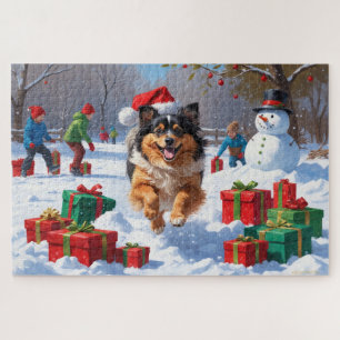 Keeshond-Hund läuft im Schnee mit Weihnachtsmütze Puzzle