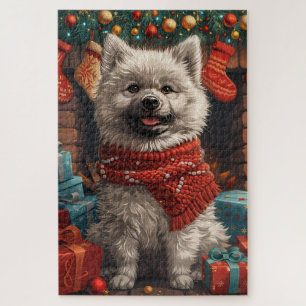 Keeshond Hund mit Weihnachtsgeschenken Feuerplatz Puzzle