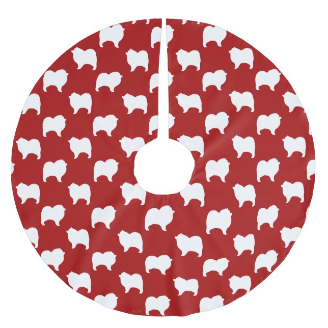 Keeshond Hund Silhouetten Muster Rot und Weiß Polyester Weihnachtsbaumdecke (Vorderseite)