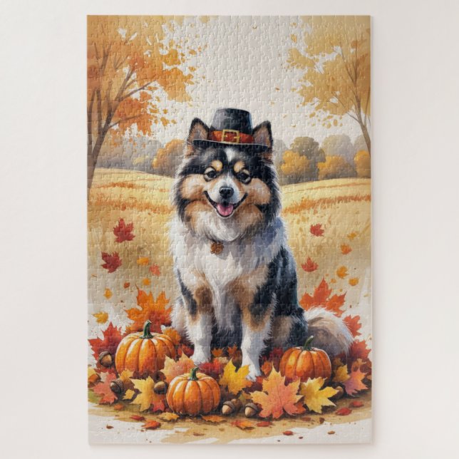 Keeshond im Herbst hinterlässt Erntedank Kunst Puzzle (Vertikal)