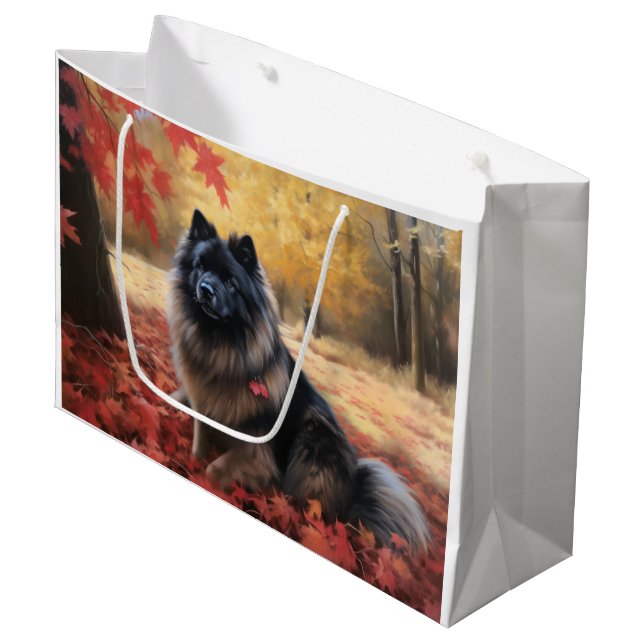 Keeshond im Herbst Leaves Fall Inspiriert Große Geschenktüte (Vorderseite Schrägansicht)