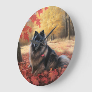Keeshond im Herbst Leaves Fall Inspiriert Große Wanduhr