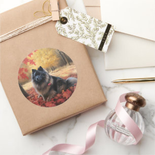Keeshond im Herbst Leaves Fall Inspiriert Runder Aufkleber