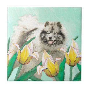 Keeshond in Tulips Malerei Niedliche Original Hund Fliese