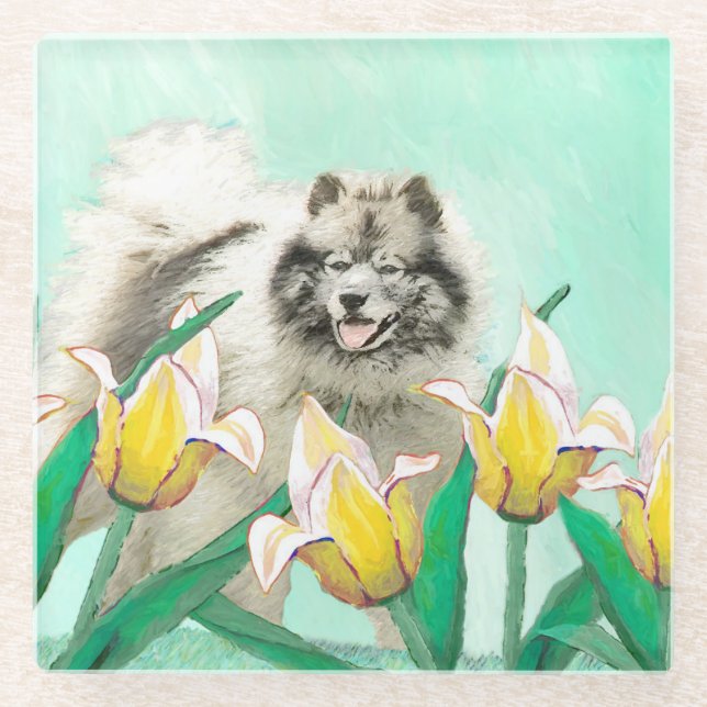 Keeshond in Tulips Malerei Niedliche Original Hund Glasuntersetzer (Vorderseite)
