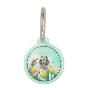 Keeshond in Tulips Malerei Niedliche Original Hund Haustiermarke